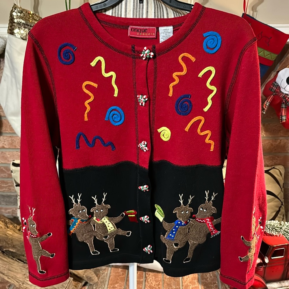 Onque Casuals | Vintage Reindeer Ugly Christmas Sweater Cardigan | XL